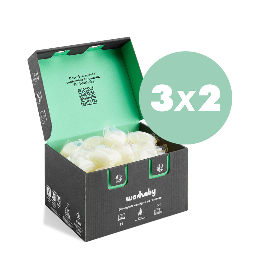 Pack ahorro 72 cápsulas de detergente ecológico para ropa, cero plásticos.