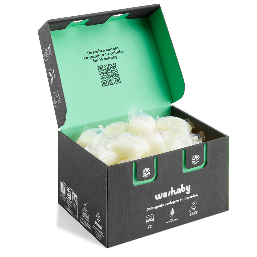 Pack ahorro 72 cápsulas de detergente ecológico para ropa, cero plásticos.